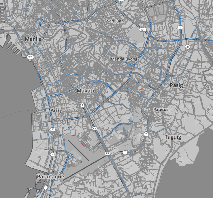 A day on the roads of Manila, as captured from thousands of rideshare trips  by Open Traffic and Mapzen Tangram